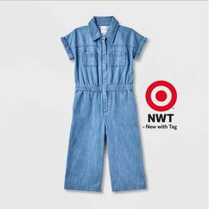 Girls' Adaptive Short Sleeve Denim Jumpsuit - Cat & Jack™ Medium Wash -5T size